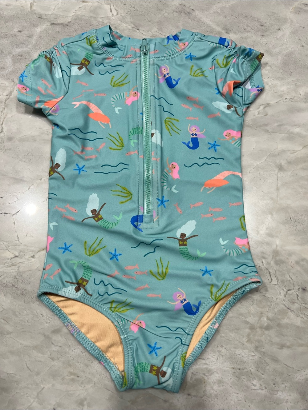 Kids' Mint Green Mermaid Zip-Front One-Piece Swimsuit